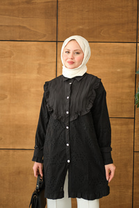 Pile Ve Brode Detay Gömlek Siyah