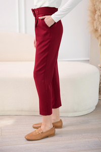Pile Ve Kemer Detaylı Kumaş Pantolon Bordo