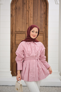 Pileli Gizli Düğmeli Çizgili Gömlek Pembe