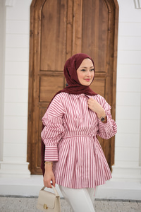 Pileli Gizli Düğmeli Çizgili Gömlek Pembe