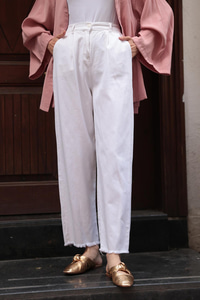 Pileli Ham Pantolon Beyaz