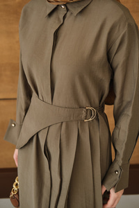Pileli Kemer Bağlamalı Boydan Düğmeli Elbise Haki Yeşil