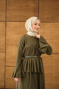 Pileli Kemer Bağlamalı Etekli Takım Haki Yeşil