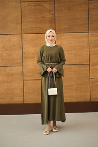 Pileli Kemer Bağlamalı Etekli Takım Haki Yeşil