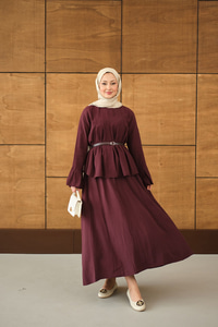 Pileli Kemer Bağlamalı Etekli Takım Mürdüm