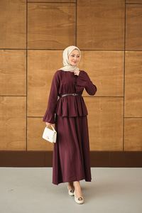 Pileli Kemer Bağlamalı Etekli Takım Mürdüm