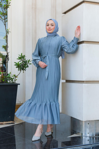 Pilise Detay  Elbise Gri