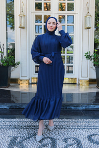 Pilise Detay  Elbise Lacivert