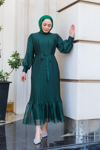Pilise Detay  Elbise Zümrüt Yeşil