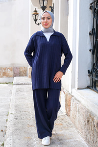 Polo Yaka Fitilli İkili Takım Lacivert