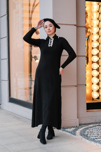 Polo Yaka Triko Elbise Siyah