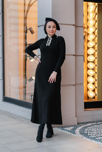 Polo Yaka Triko Elbise Siyah