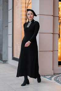 Polo Yaka Triko Elbise Siyah