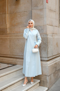 Poplin Yan Bağlamalı Elbise Açık Mavi