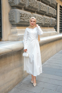 Poplin Yan Bağlamalı Elbise Beyaz