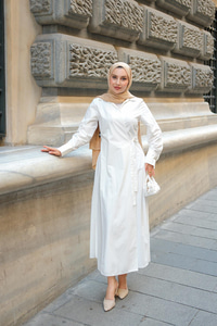 Poplin Yan Bağlamalı Elbise Beyaz