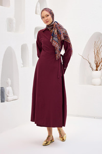 Poplin Yan Bağlamalı Elbise Bordo