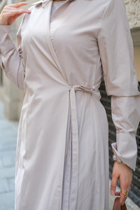 Poplin Yan Bağlamalı Elbise Gri