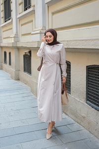 Poplin Yan Bağlamalı Elbise Gri