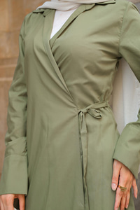 Poplin Yan Bağlamalı Elbise Haki Yeşil