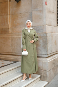 Poplin Yan Bağlamalı Elbise Haki Yeşil
