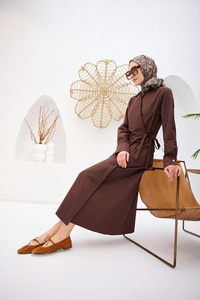 Poplin Yan Bağlamalı Elbise Kahverengi