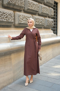 Poplin Yan Bağlamalı Elbise Kahverengi