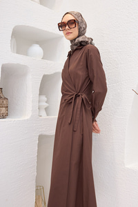 Poplin Yan Bağlamalı Elbise Kahverengi