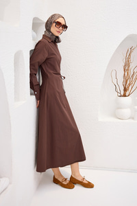 Poplin Yan Bağlamalı Elbise Kahverengi