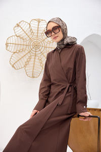 Poplin Yan Bağlamalı Elbise Kahverengi