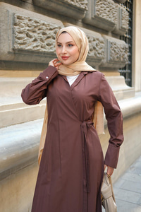 Poplin Yan Bağlamalı Elbise Kahverengi