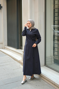 Poplin Yan Bağlamalı Elbise Koyu Lacivert