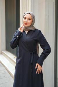 Poplin Yan Bağlamalı Elbise Koyu Lacivert