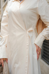 Poplin Yan Bağlamalı Elbise Krem