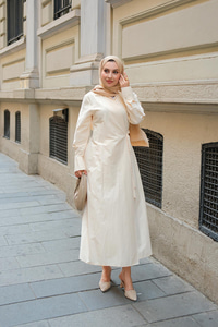 Poplin Yan Bağlamalı Elbise Krem