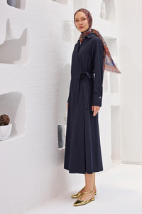 Poplin Yan Bağlamalı Elbise Lacivert