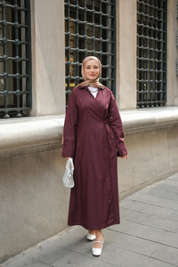 Poplin Yan Bağlamalı Elbise Mürdüm