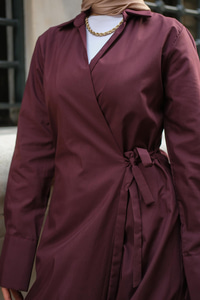 Poplin Yan Bağlamalı Elbise Mürdüm