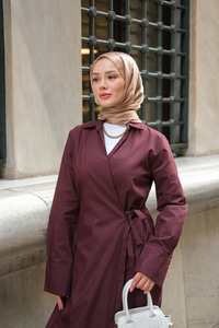 Poplin Yan Bağlamalı Elbise Mürdüm