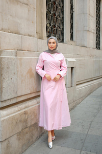 Poplin Yan Bağlamalı Elbise Pembe