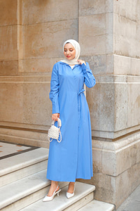 Poplin Yan Bağlamalı Elbise Saks Mavi