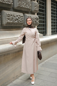 Poplin Yan Bağlamalı Elbise Vizon