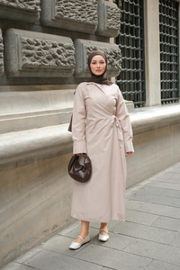 Poplin Yan Bağlamalı Elbise Vizon