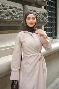 Poplin Yan Bağlamalı Elbise Vizon