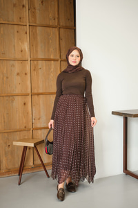 Puantiye Detay Yan Bağcık Şifon Etek Açık Kahve