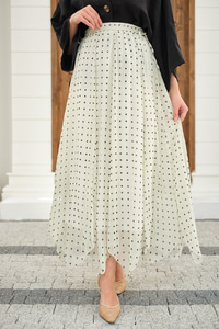 Puantiye Detay Yan Bağcık Şifon Etek Beyaz