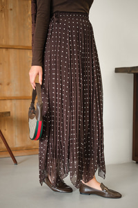 Puantiye Detay Yan Bağcık Şifon Etek Kahverengi