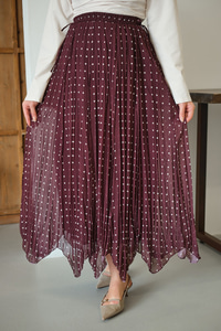 Puantiye Detay Yan Bağcık Şifon Etek Mürdüm