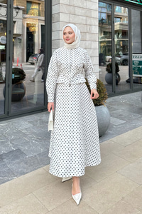 Puantiyeli Fermuarlı Etekli Takım Beyaz