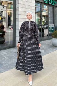 Puantiyeli Fermuarlı Etekli Takım Siyah